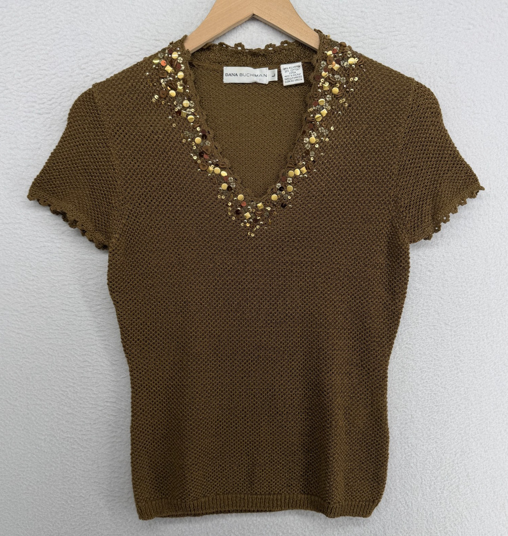 DANA BUCHMAN Sweater L Sequin Embellished V-Neck Top Y2K Short Sleeve Army Green